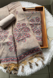 Purely Woven Taupe Beige Muga Cotton Unstitched Suit Set